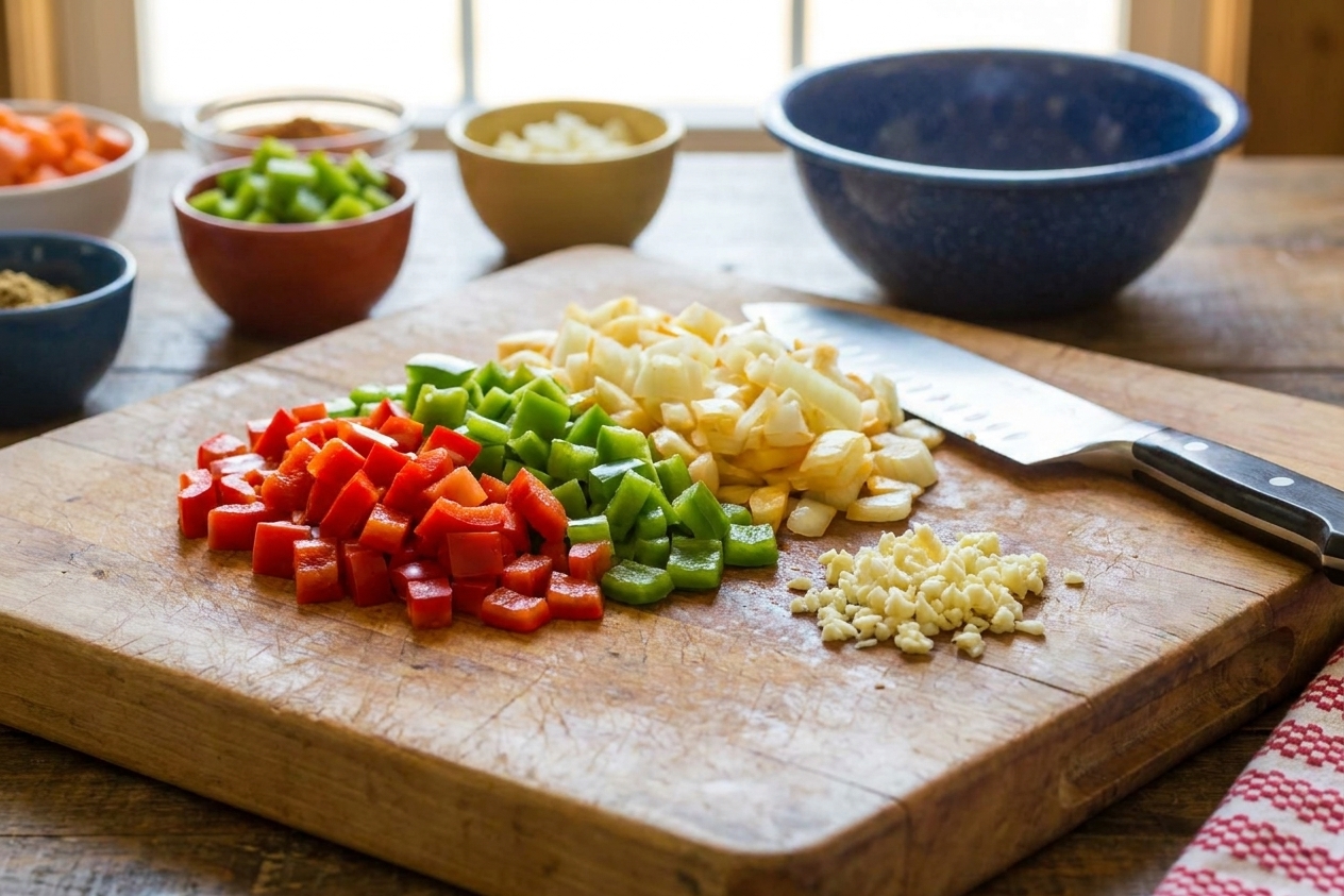 Diced onion and bell pepper with minced garlic on a cutting board on a home kitchen counter