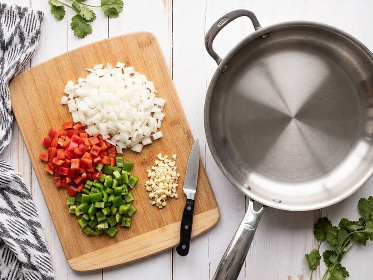 Diced onion and bell pepper with minced garlic on a cutting board beside a skillet on a home kitchen counter