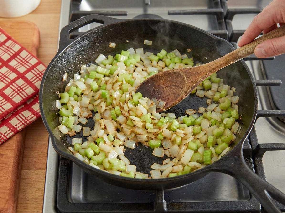 Diced onion and celery sautéing in a black skillet on a stovetop with a wooden spoon stirring