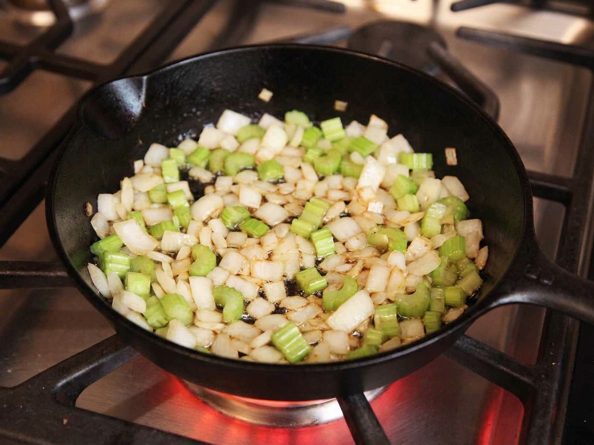 Diced onion and celery sautéing in a skillet on a stovetop, lightly glossy and turning translucent