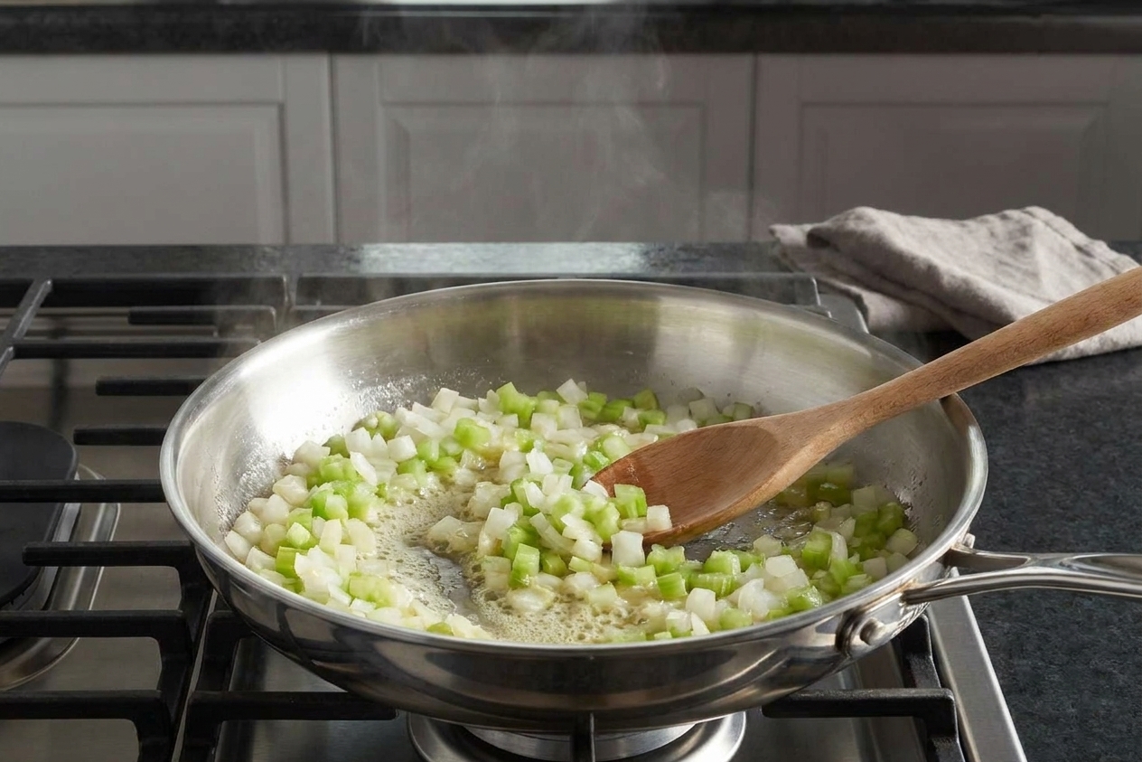 Diced onion and celery sautéing in butter in a skillet on a stovetop with a wooden spoon stirring