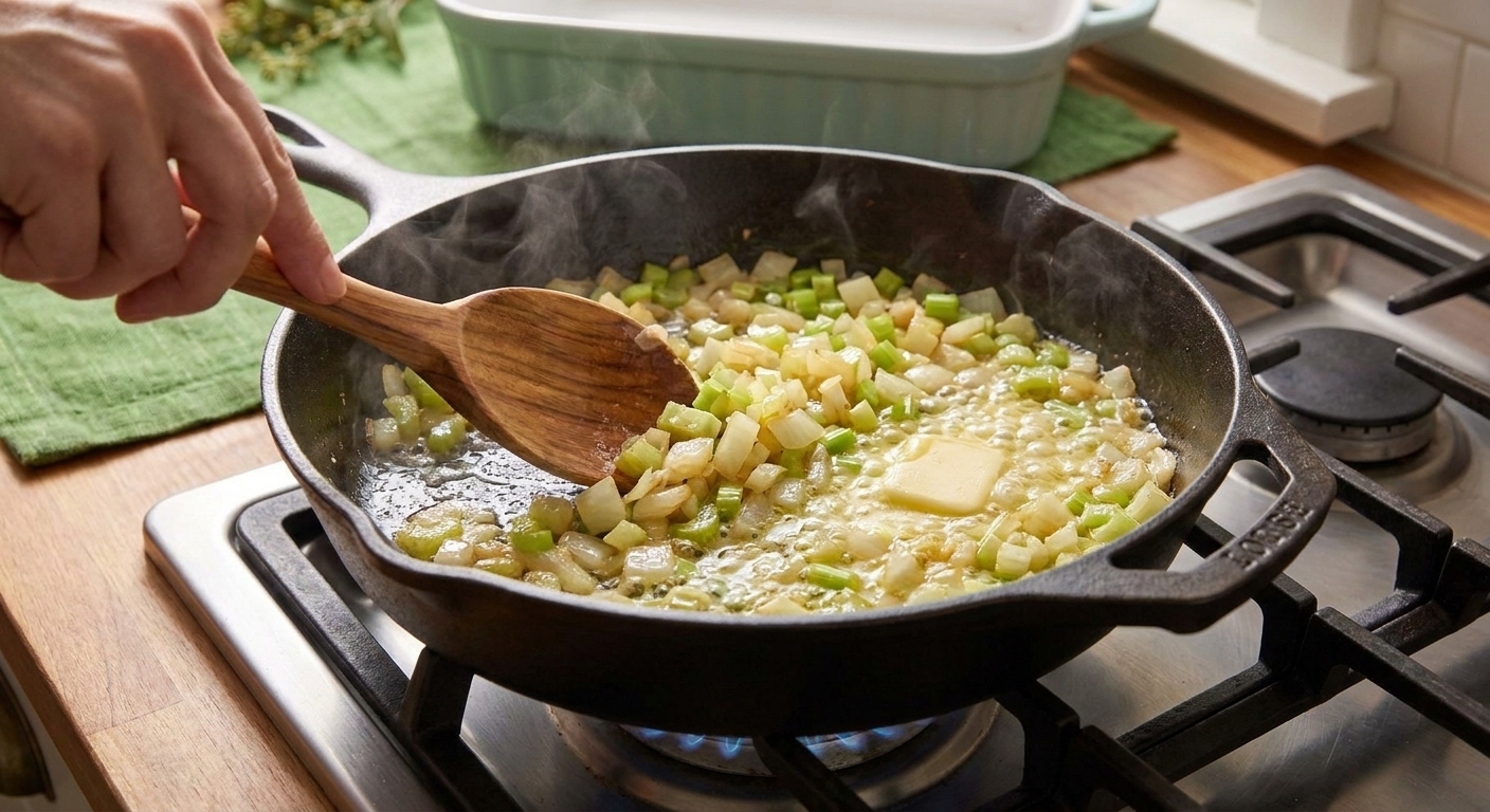 Diced onion and celery sautéing in melted butter in a large skillet on a stovetop with a wooden spoon