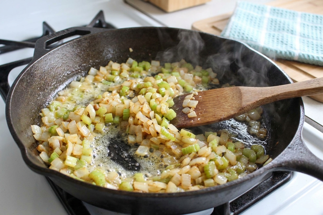 Diced onion and celery sautéing in melted butter in a large skillet on a home stove
