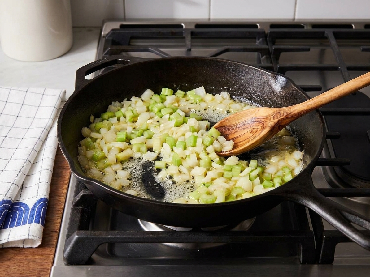 A diced onion and celery sautéing in melted butter in a skillet on a stove, with a wooden spoon stirring