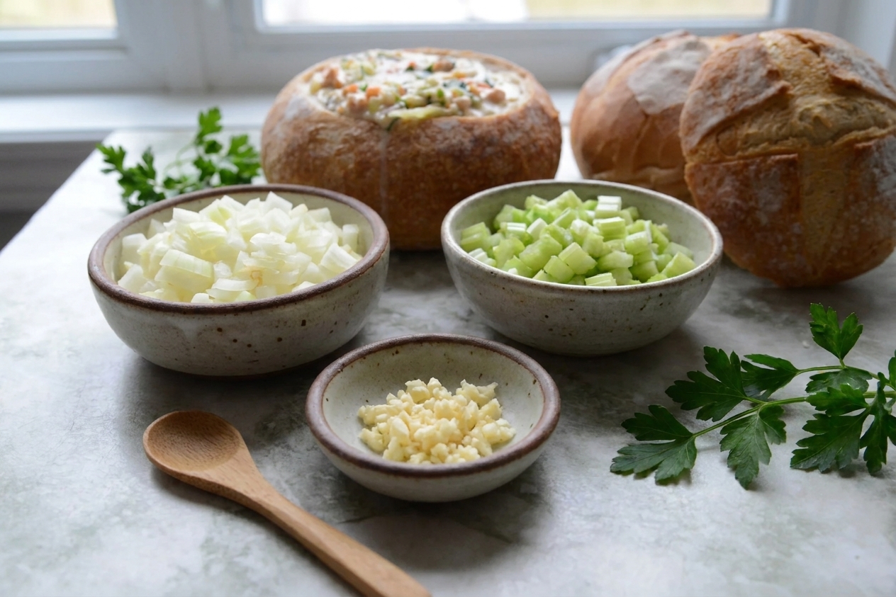 Diced onion and celery with minced garlic in small bowls on a kitchen counter, ready for cooking