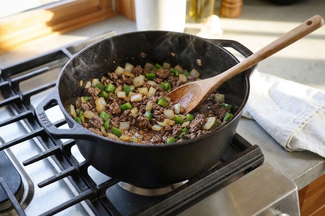 Diced onion and green bell pepper sautéing in a pot with browned beef, glossy from rendered fat