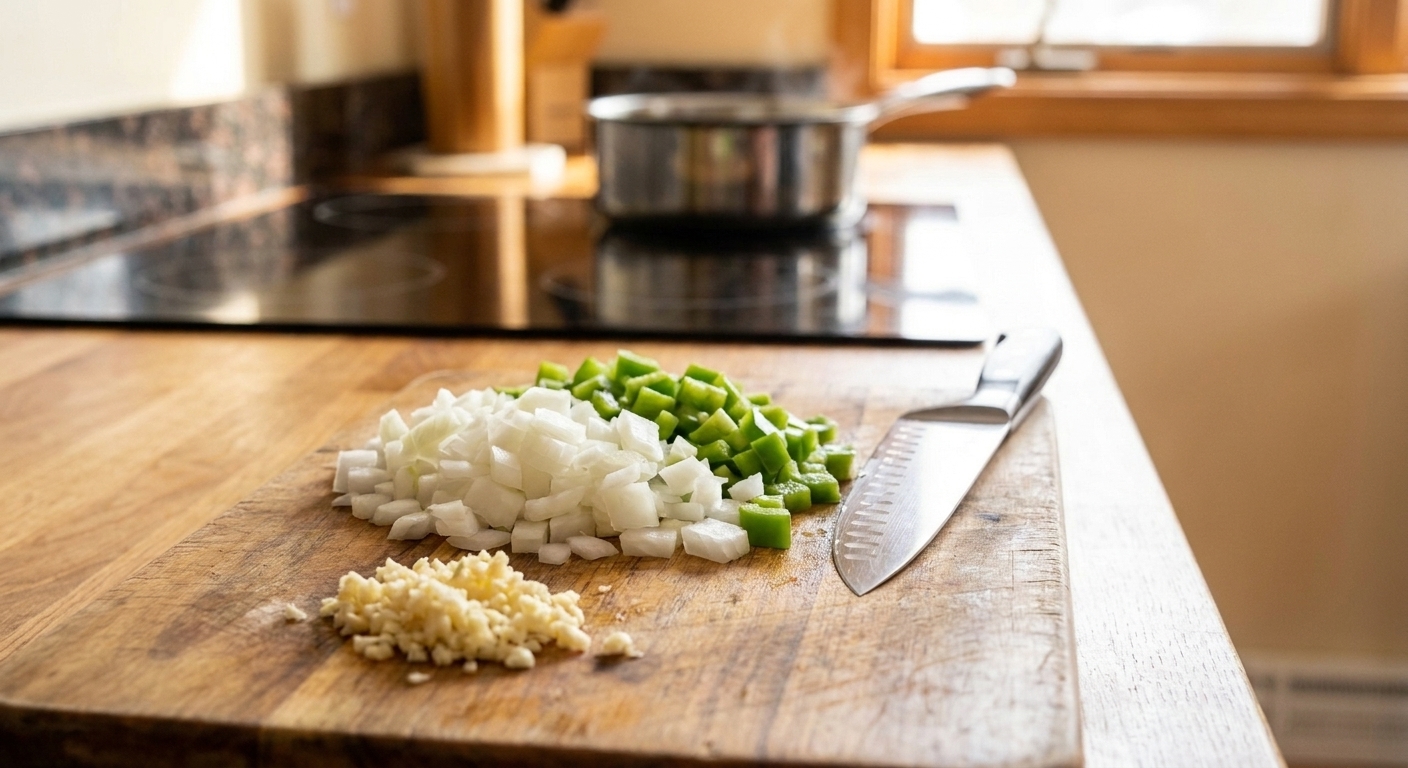 Diced onion and green bell pepper with minced garlic piled on a cutting board beside a chef’s knife
