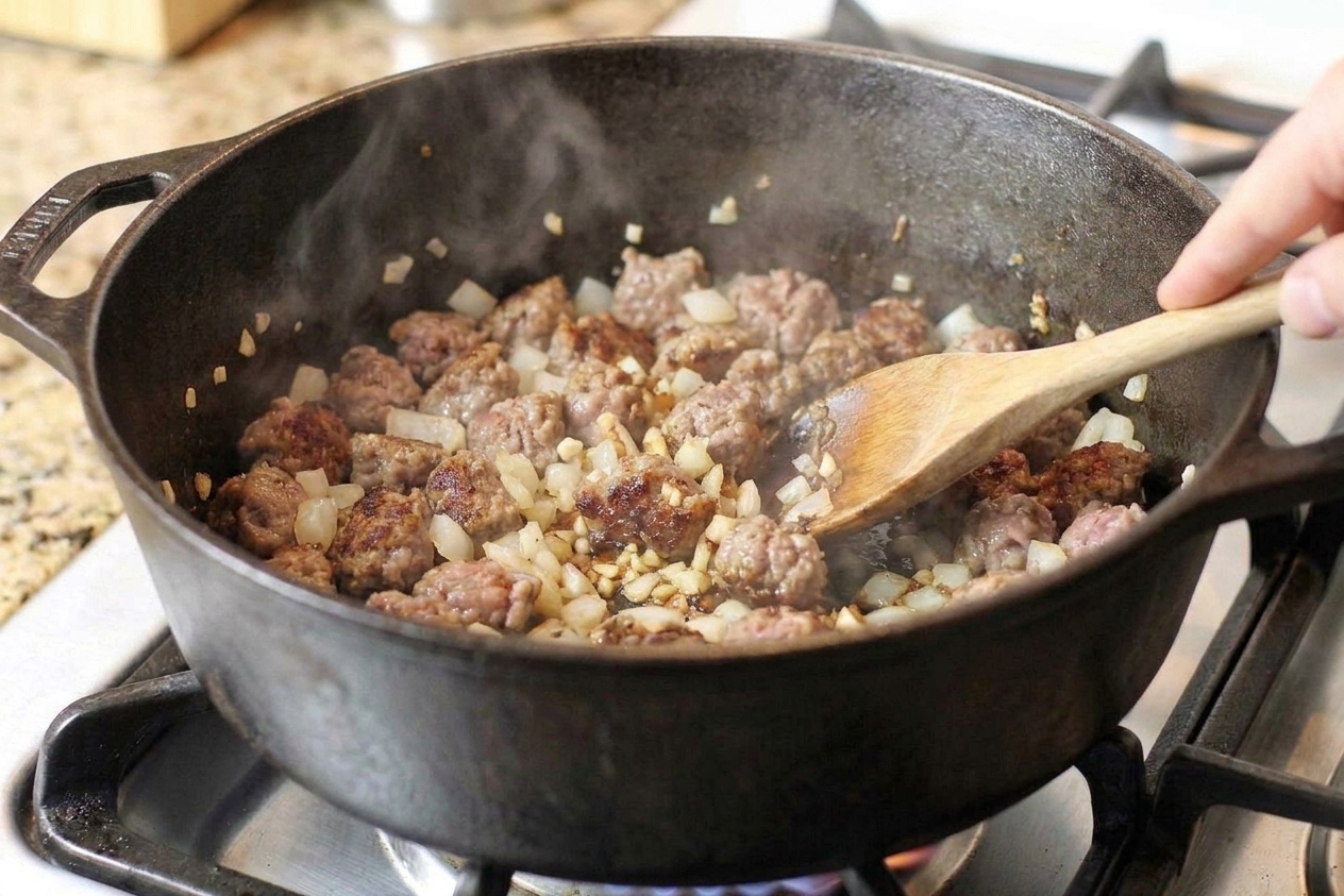 Diced onion and minced garlic being sautéed with browned sausage in a soup pot on the stove