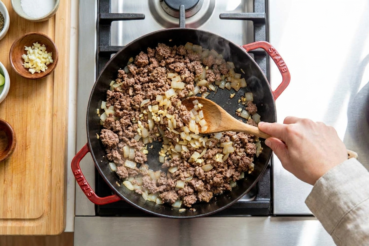 Diced onion and minced garlic cooking with browned ground beef in a skillet on a stovetop