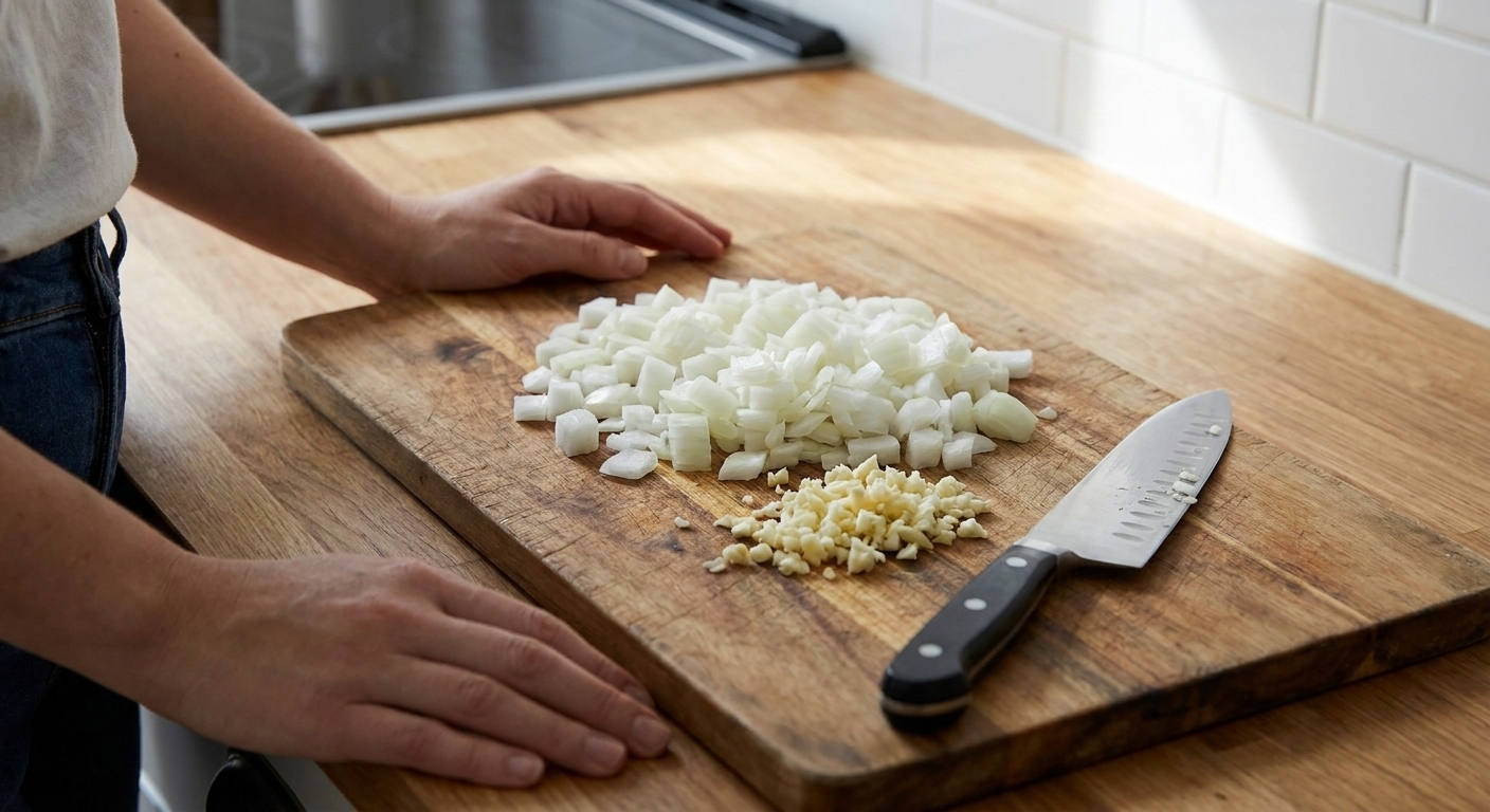 Diced onion and minced garlic on a cutting board with a chef's knife beside them on a clean kitchen counter