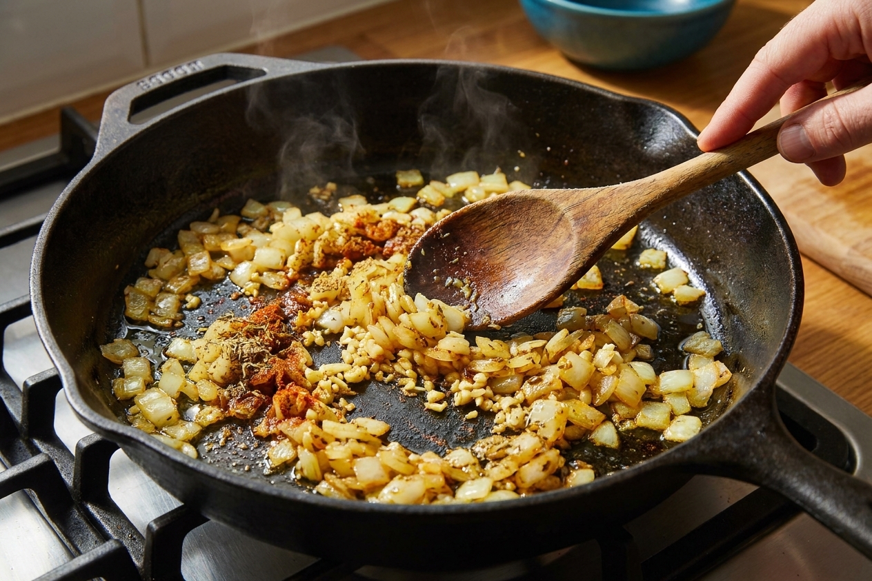 Diced onion and minced garlic sauteing in the skillet with spices, stirred with a wooden spoon