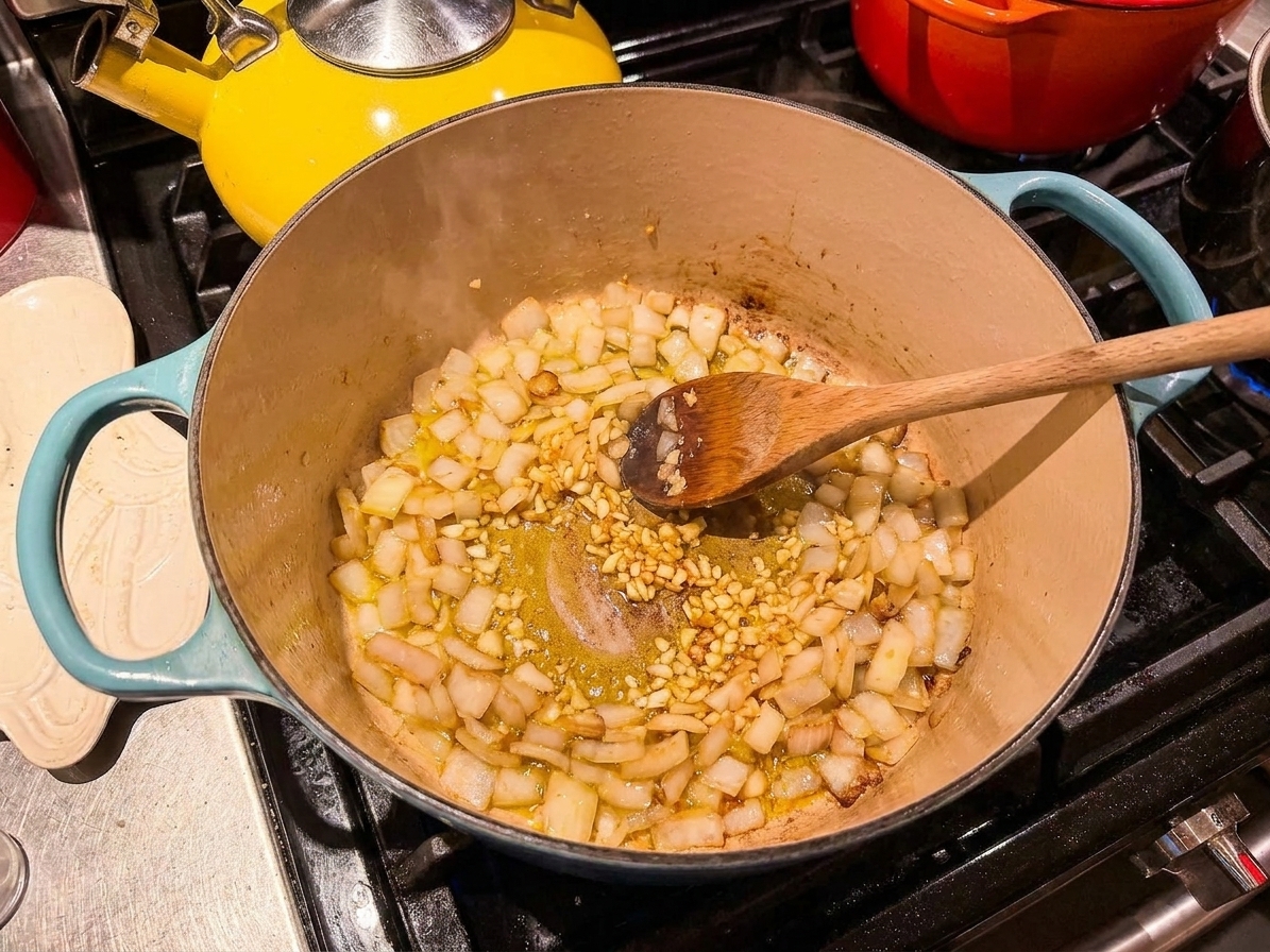 Diced onion and minced garlic sautéing in a Dutch oven on the stove