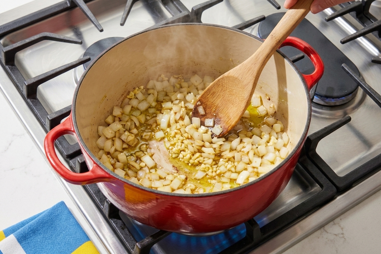 Diced onion and minced garlic sautéing in a Dutch oven on a stovetop with a wooden spoon stirring