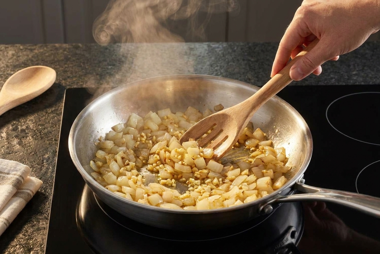Diced onion and minced garlic sautéing in a skillet on a stovetop until softened and fragrant