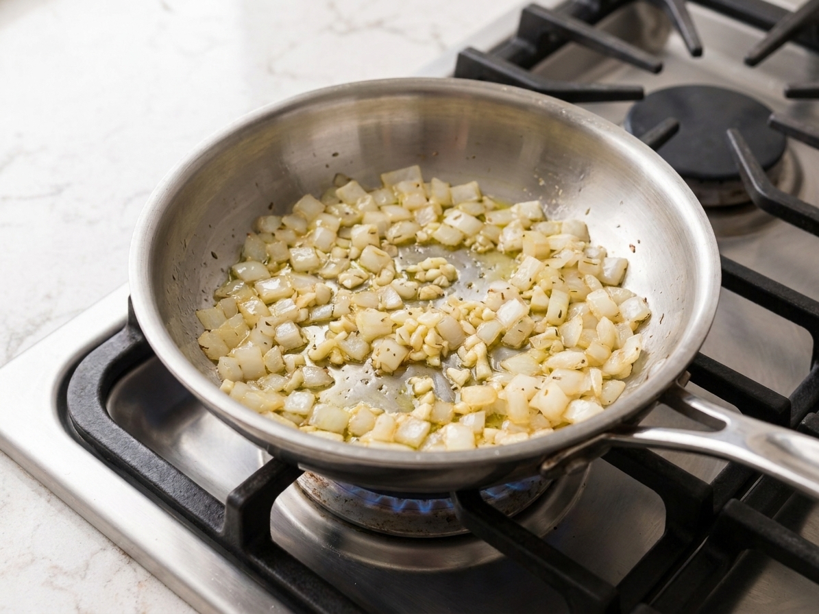 Diced onion and minced garlic sautéing in a small skillet on a stovetop, lightly golden and glossy