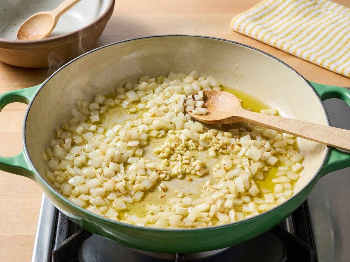 Diced onion and minced garlic sautéing in olive oil in a large skillet on a stovetop
