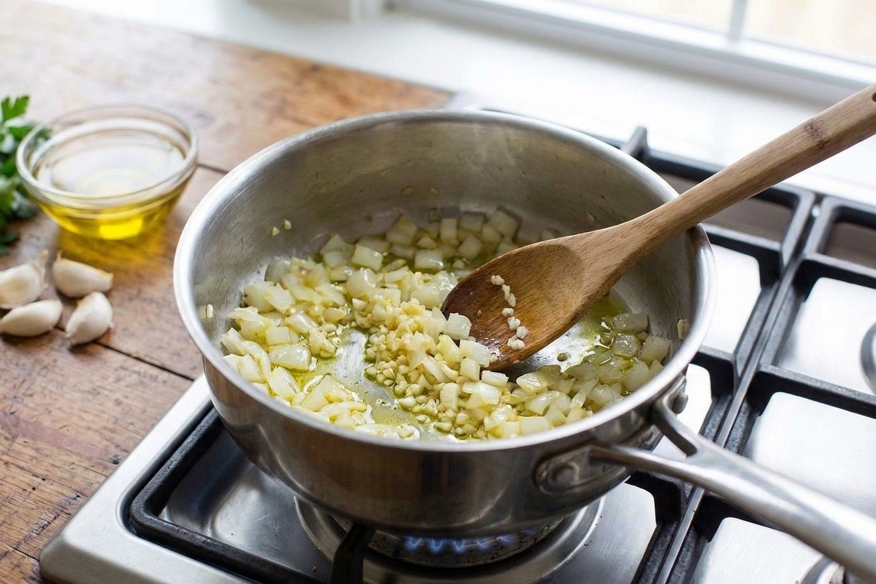 Diced onion and minced garlic sautéing in olive oil in a saucepan on a stovetop