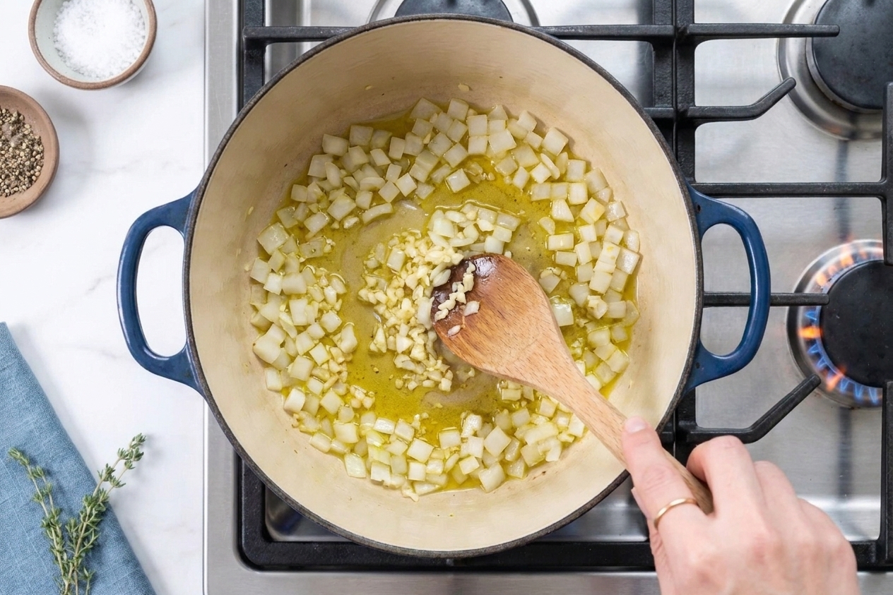 Diced onion and minced garlic sautéing in olive oil in a light-colored Dutch oven on a stovetop