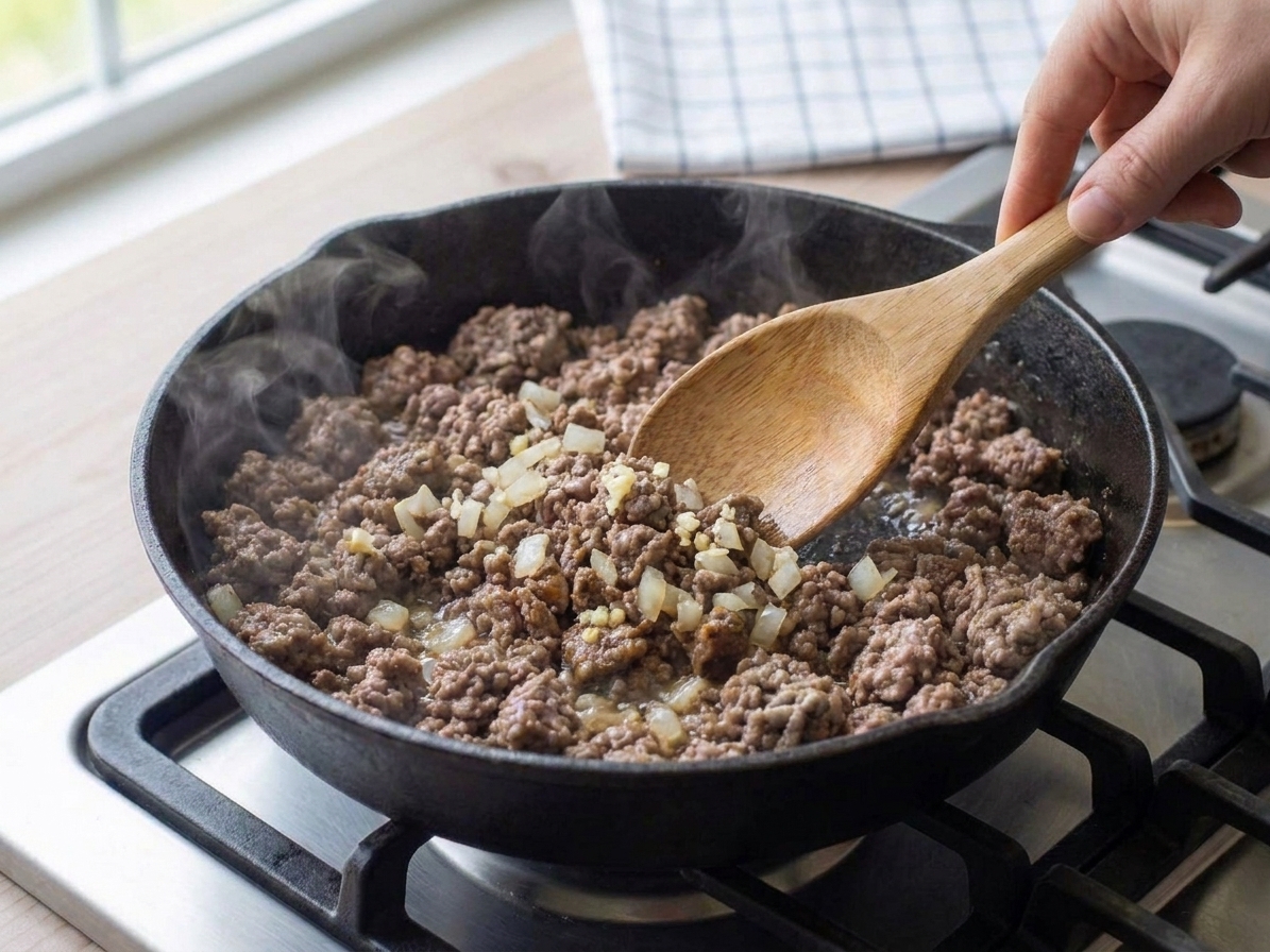 Diced onion and minced garlic sautéing with browned ground beef in a skillet
