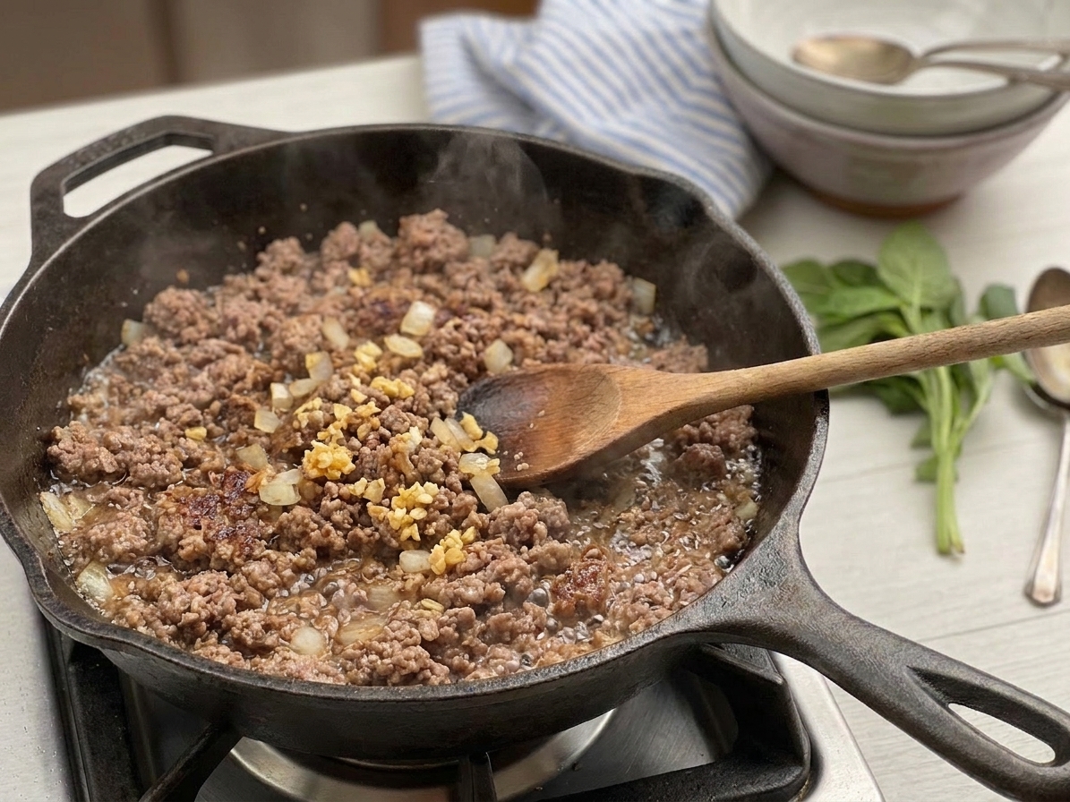 Diced onion and minced garlic sautéing with browned ground beef in a skillet, glossy and sizzling