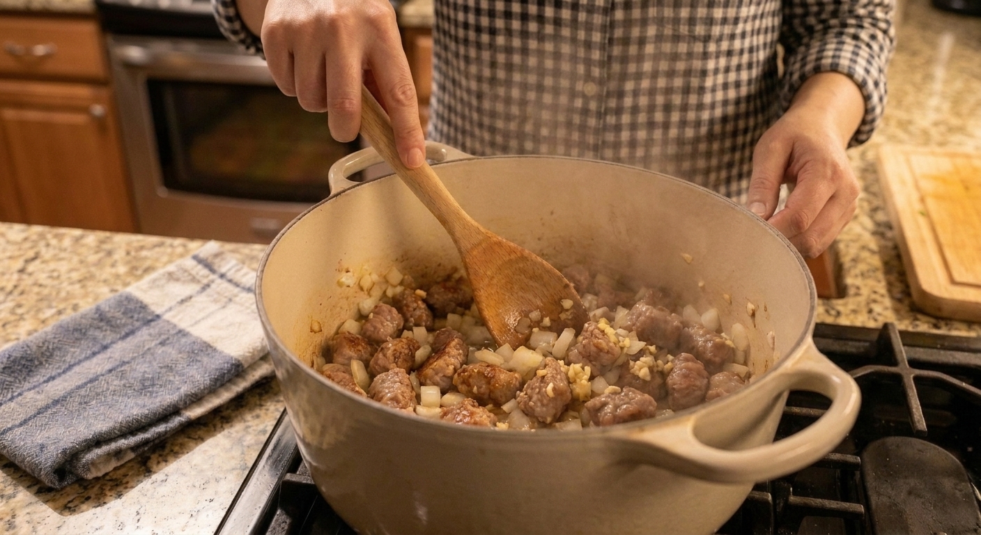 Diced onion and minced garlic sautéing with browned sausage in a pot on a stovetop, steam rising