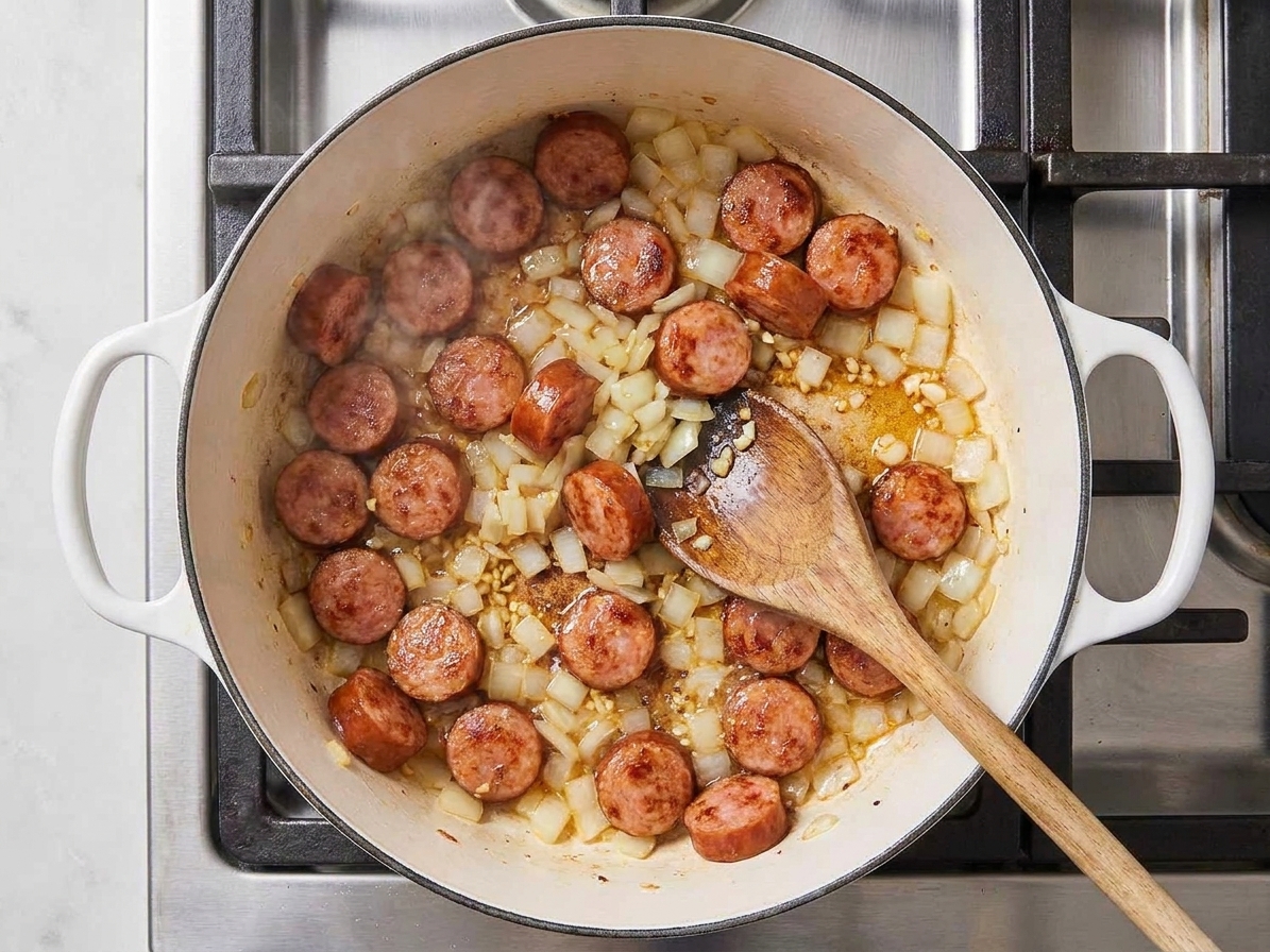 Diced onion and minced garlic sautéing with sausage in a Dutch oven on the stove