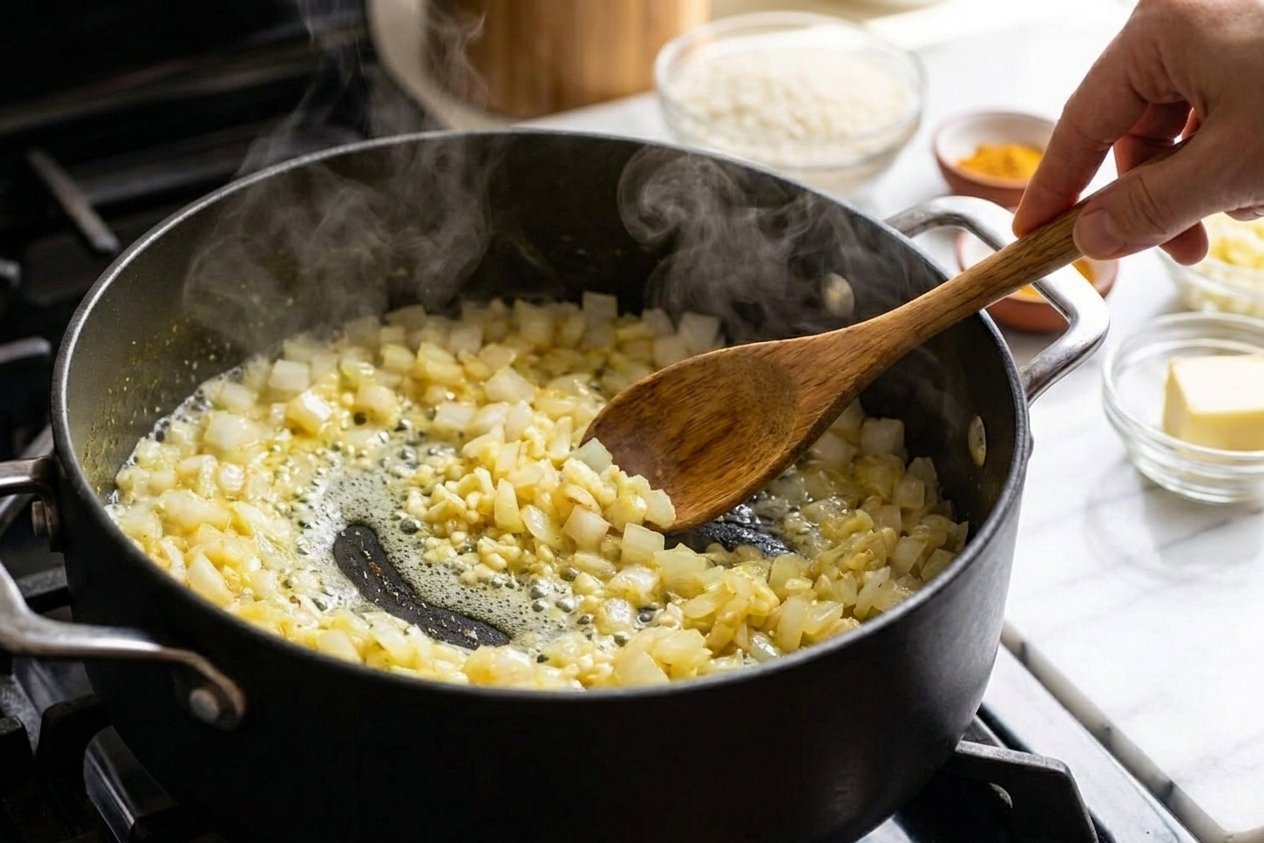 Diced onion and minced garlic sizzling in melted butter inside a saucepan on a stovetop