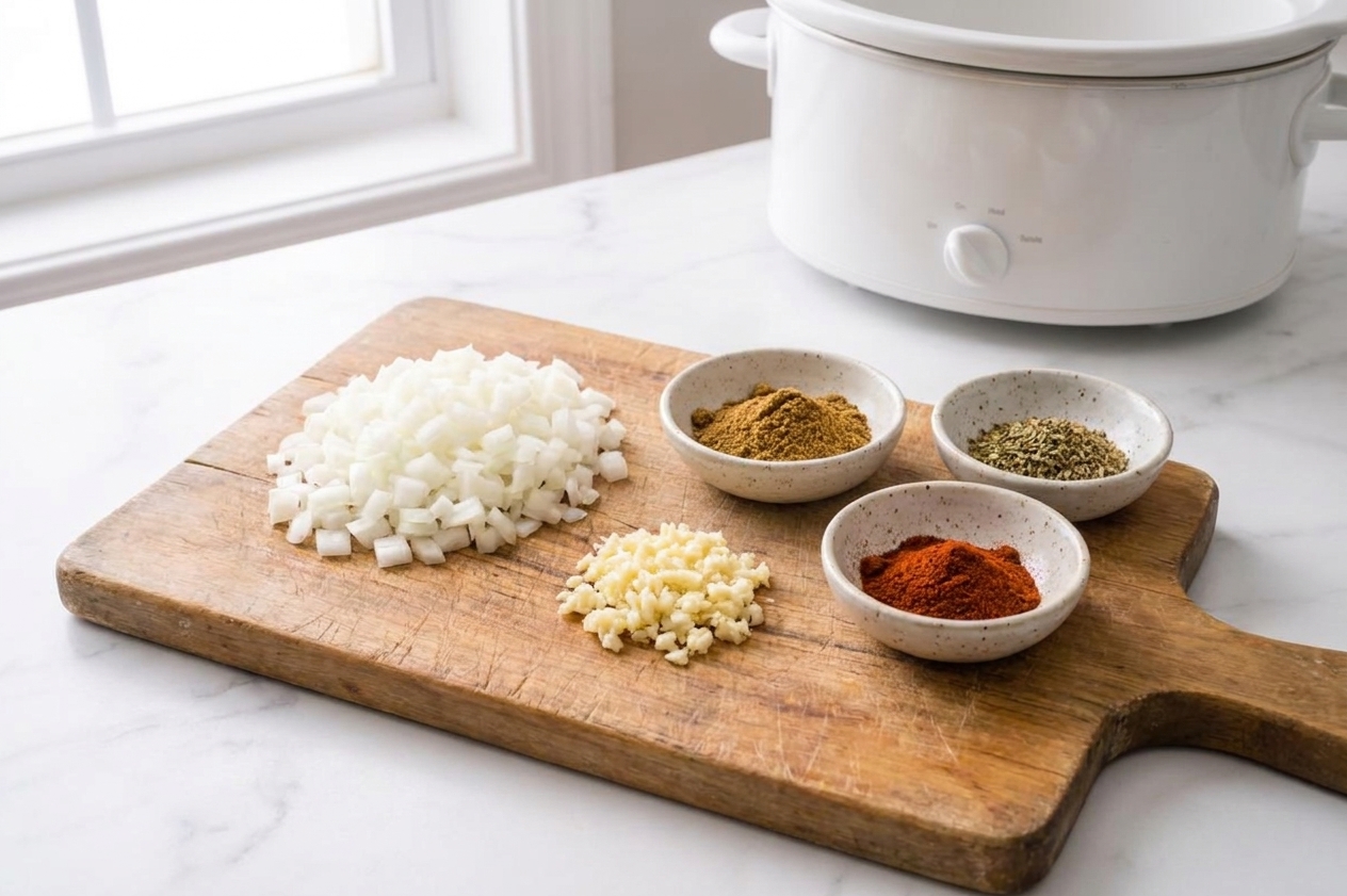 Diced onion and minced garlic with small bowls of cumin, oregano, and smoked paprika on a wooden cutting board