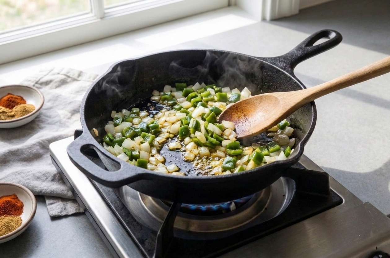 Diced onion and poblano peppers sautéing in a skillet until glossy and softened