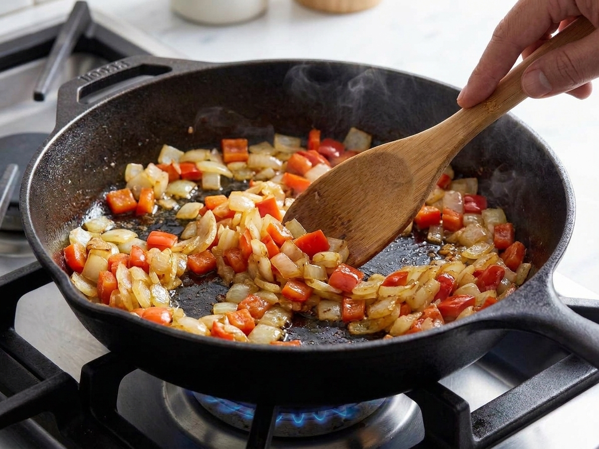 Diced onion and red bell pepper sautéing in a skillet until glossy and softened, with light steam rising