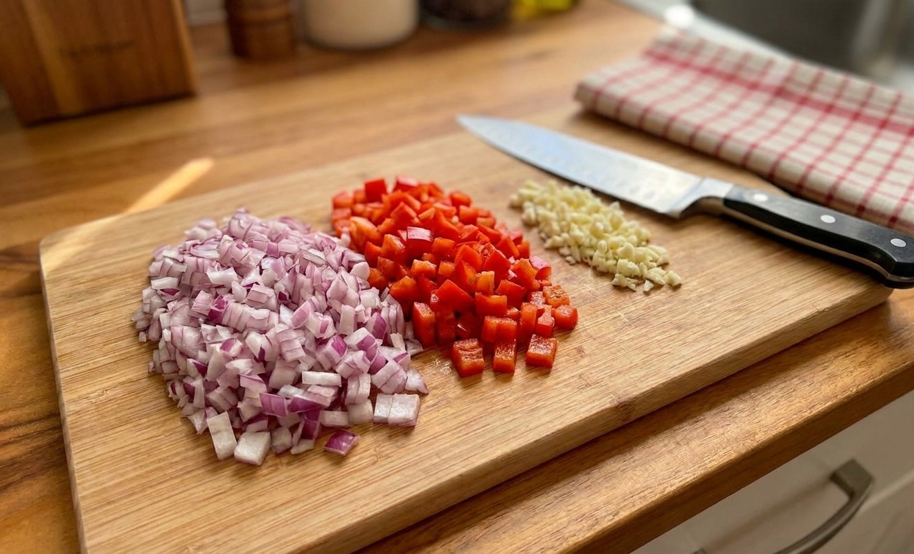 Diced onion and red bell pepper with minced garlic piled on a cutting board next to a chef’s knife on a home kitchen counter
