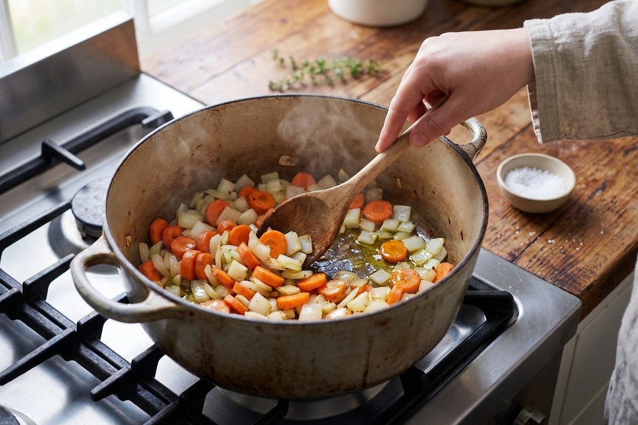 Diced onion and sliced carrots sautéing in a large pot on the stove with a wooden spoon stirring