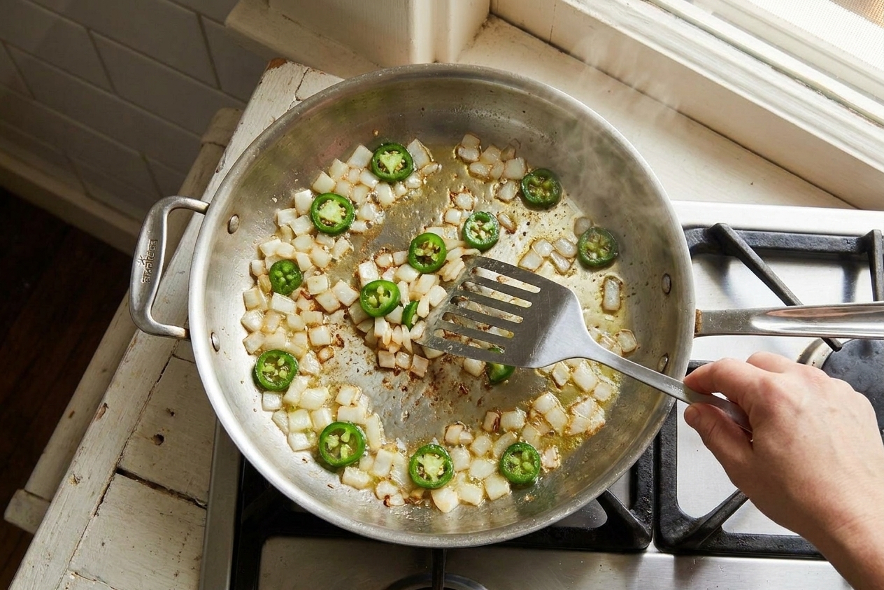 Diced onion and sliced jalapeño sizzling in a skillet on a stovetop with a spatula stirring