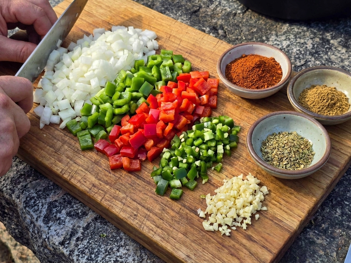 Diced onion, bell pepper, jalapeño, and minced garlic prepped on a wooden cutting board beside small bowls of spices