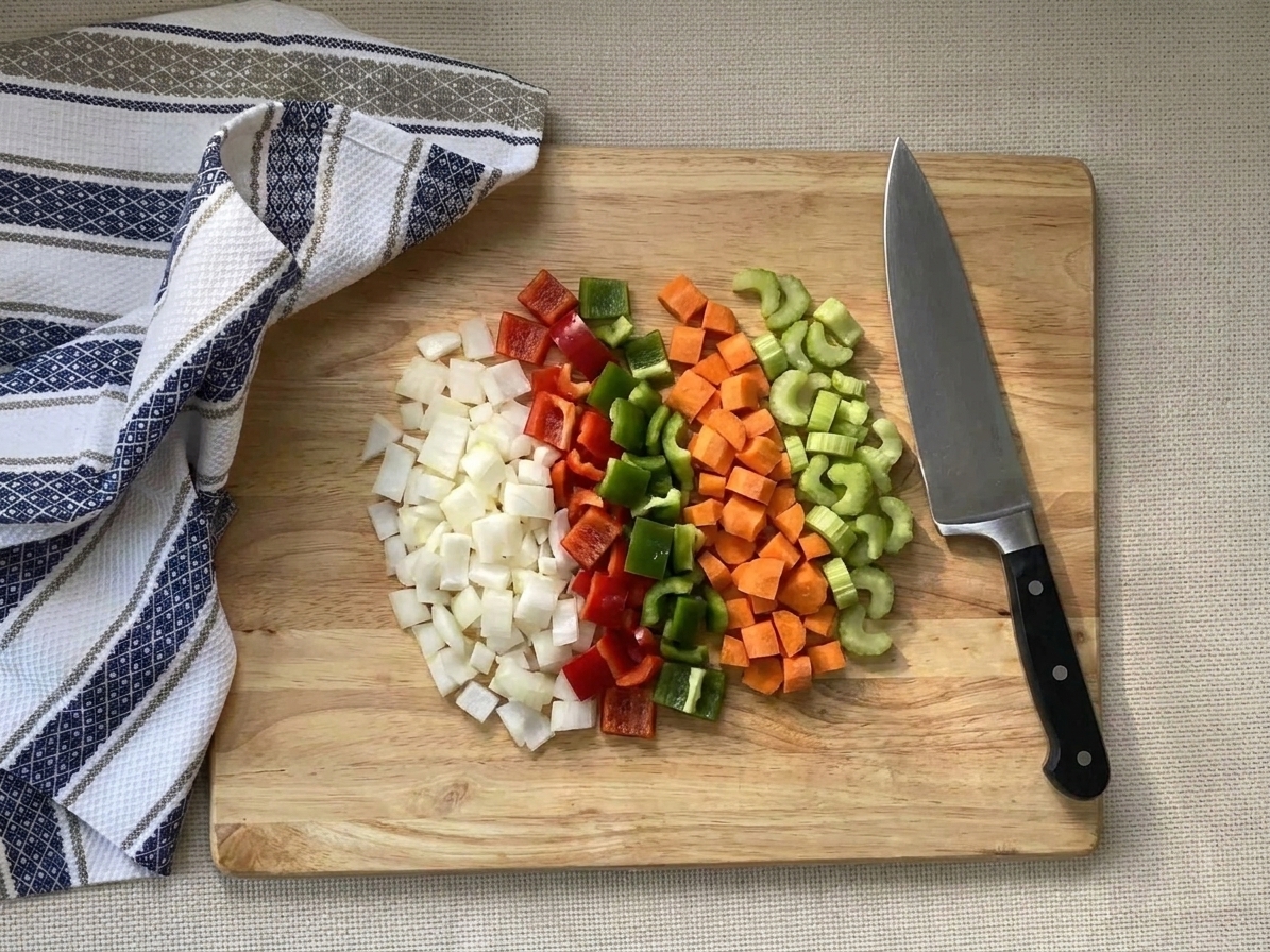 Diced onion, bell peppers, carrots, and celery piled on a cutting board next to a chef’s knife on a kitchen counter