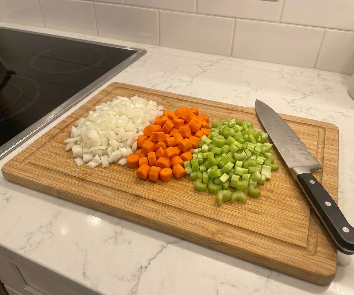 Diced onion, carrot, and celery in neat piles on a wooden cutting board with a chef's knife nearby