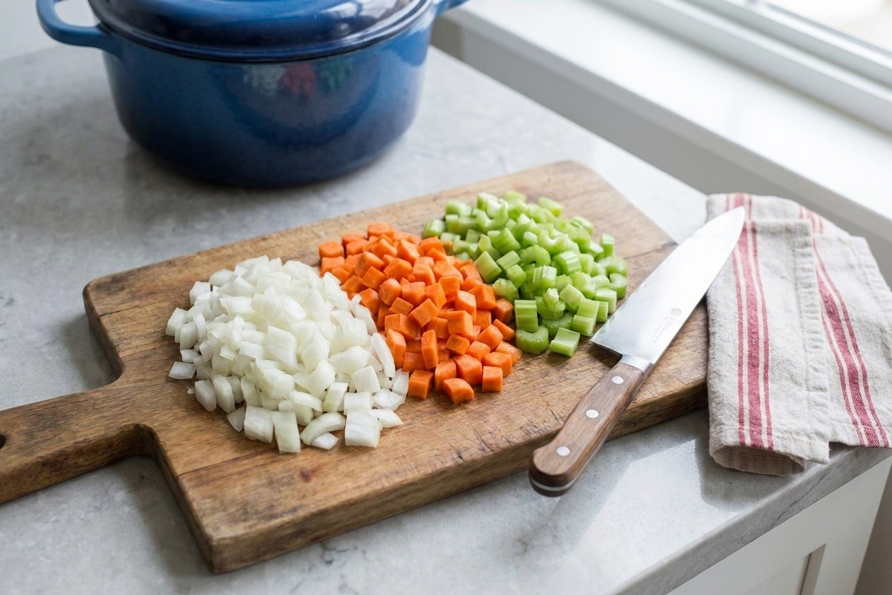 Diced onion, carrot, and celery in small piles on a wooden cutting board with a chef's knife beside them