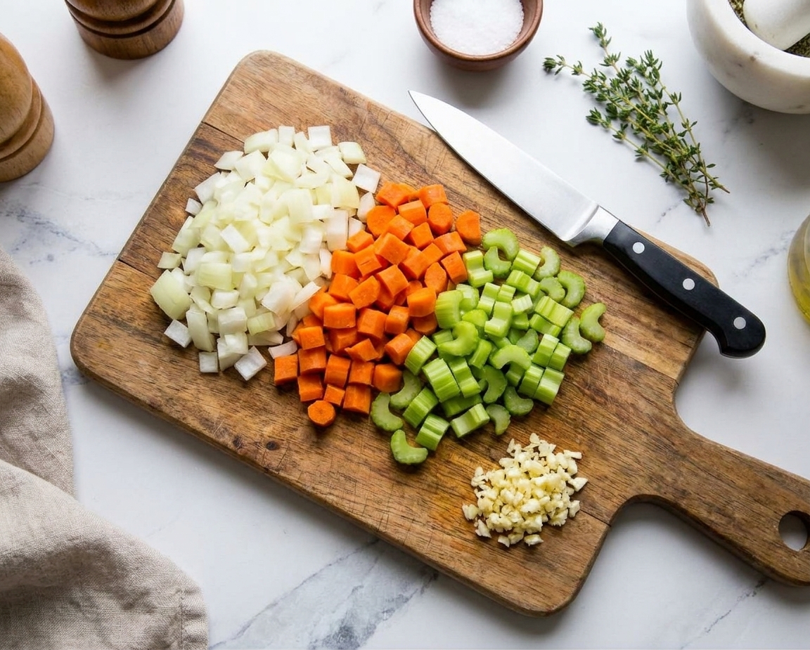 Diced onion, carrot, and celery on a wooden cutting board with a chef’s knife and minced garlic nearby