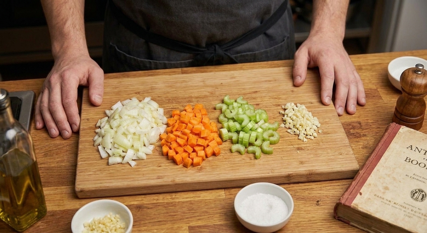 Diced onion, carrot, and celery with minced garlic nearby, ready for cooking