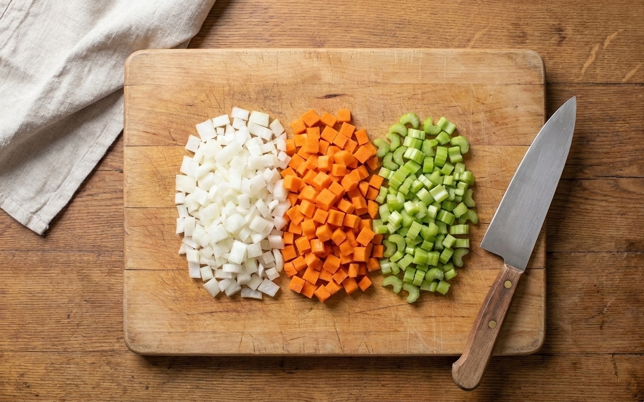 Diced onion, carrots, and celery in neat piles on a wooden cutting board with a chef's knife nearby