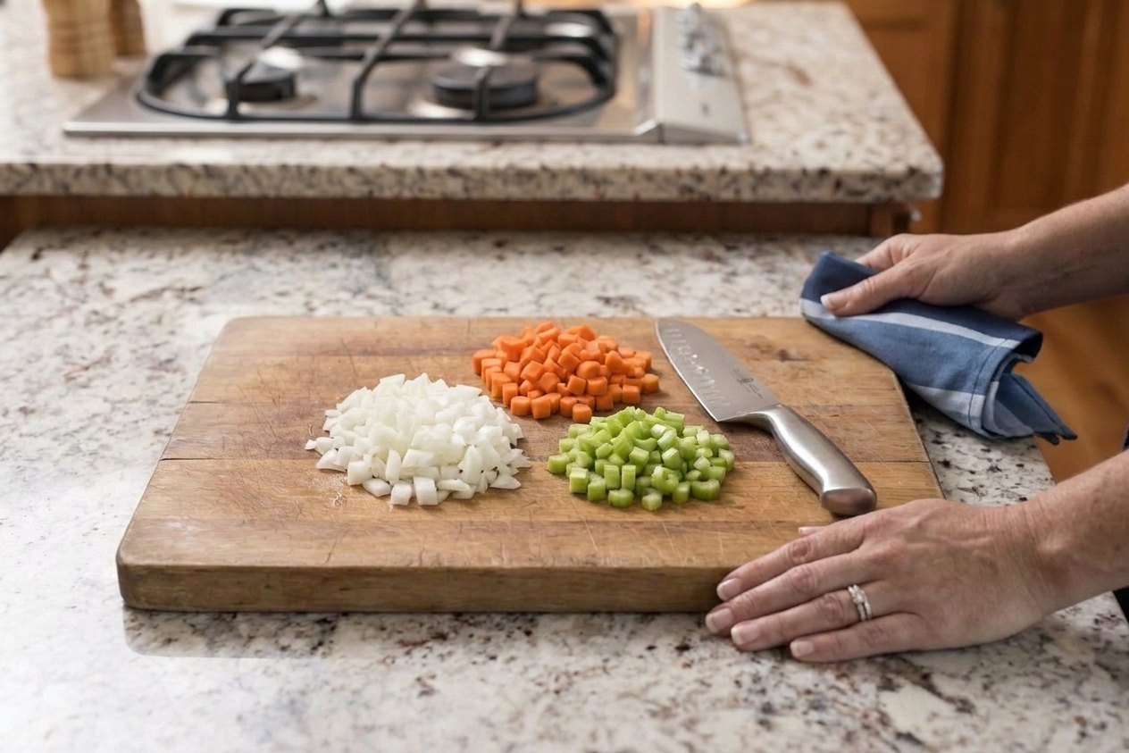 Diced onion, carrots, and celery in small piles on a wooden cutting board on a bright kitchen counter