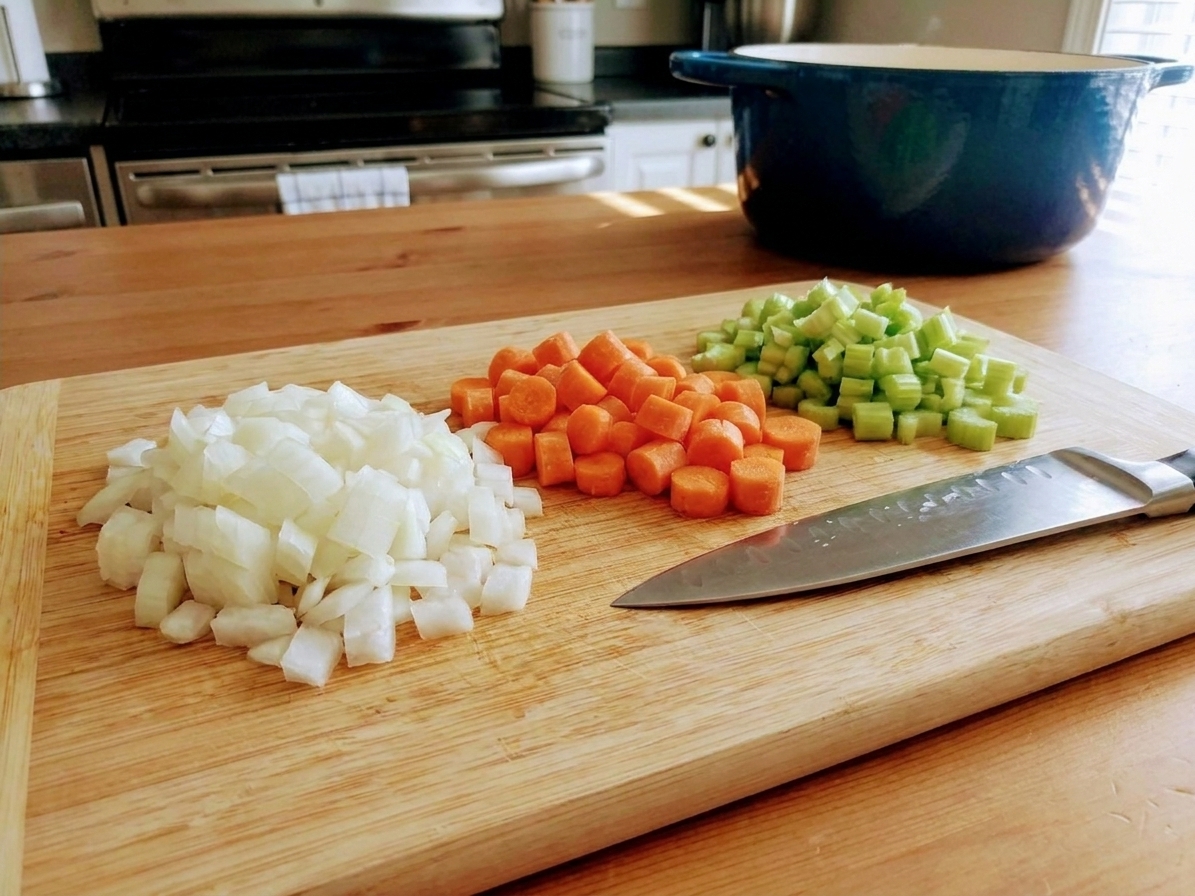 Diced onion, carrots, and celery in small piles on a cutting board with a chef’s knife