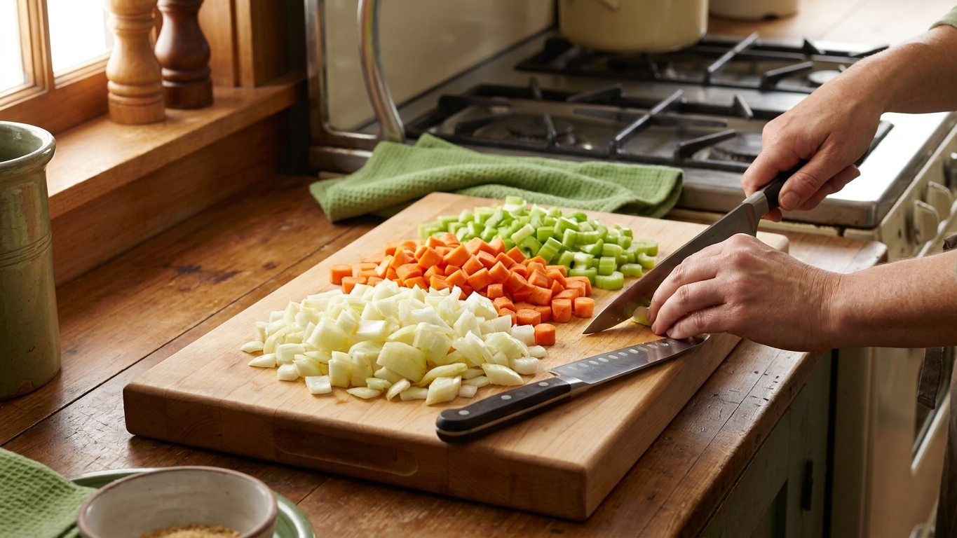 Diced onion, carrots, and celery on a cutting board with a chef knife on a home kitchen counter