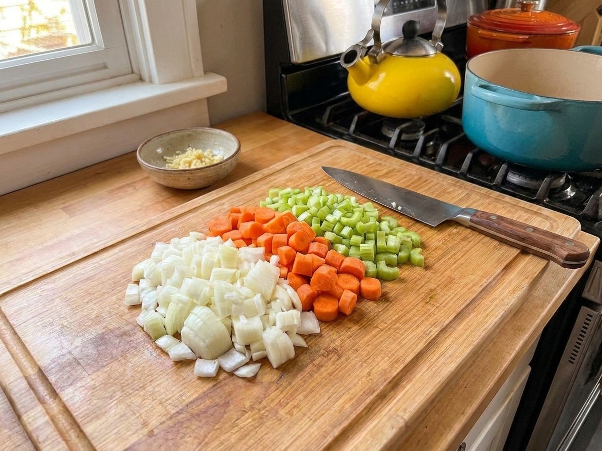 Diced onion, carrots, and celery on a cutting board with a chef’s knife on a kitchen counter, ready for soup prep