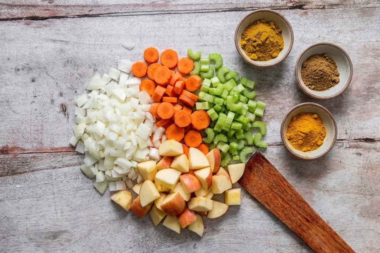 Diced onion, carrots, celery, and apple with small bowls of curry powder, cumin, and turmeric on a kitchen counter ready for cooking