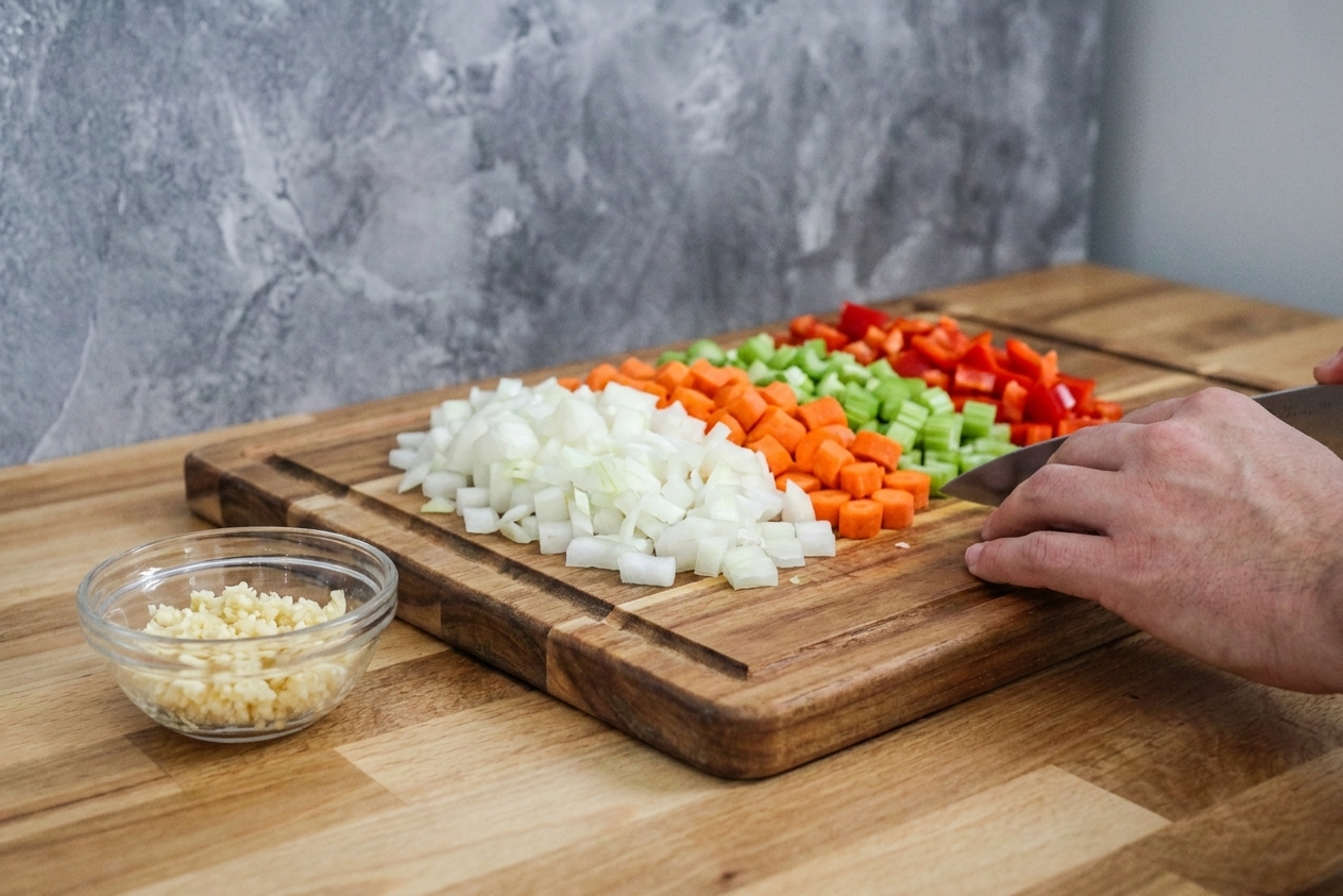 Diced onion, carrots, celery, and bell pepper on a cutting board with minced garlic nearby in a home kitchen