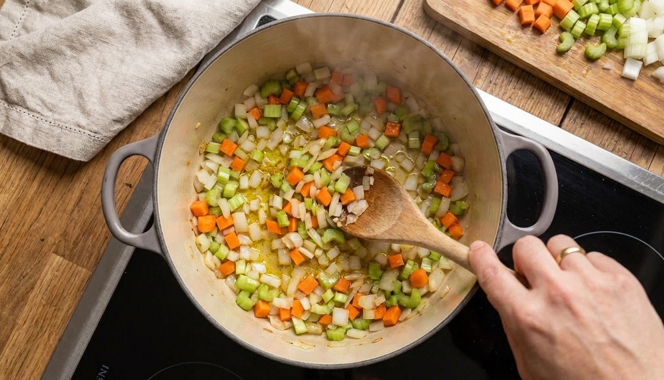 Diced onion, celery, and carrot sautéing in a large pot on a stovetop with a wooden spoon stirring
