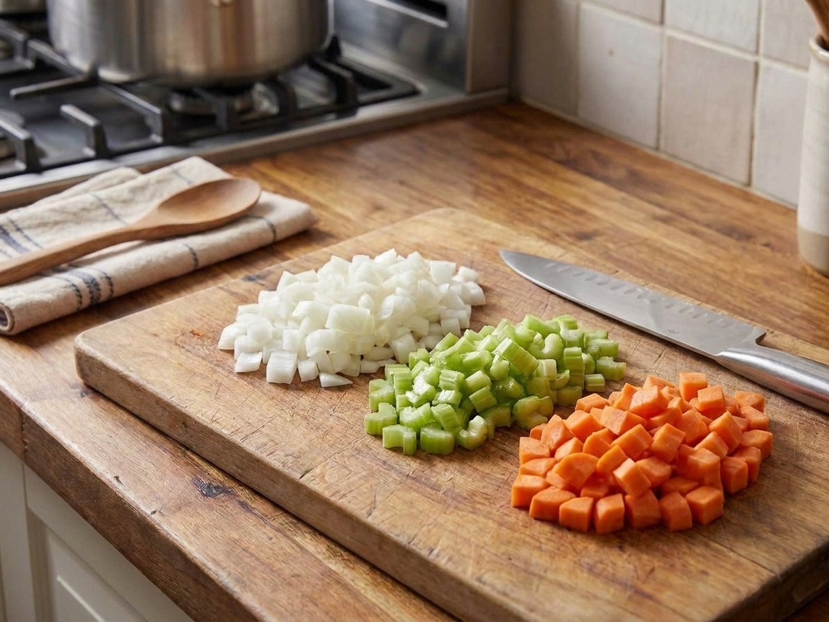 Diced onion, celery, and carrots in piles on a wooden cutting board with a chef's knife beside them
