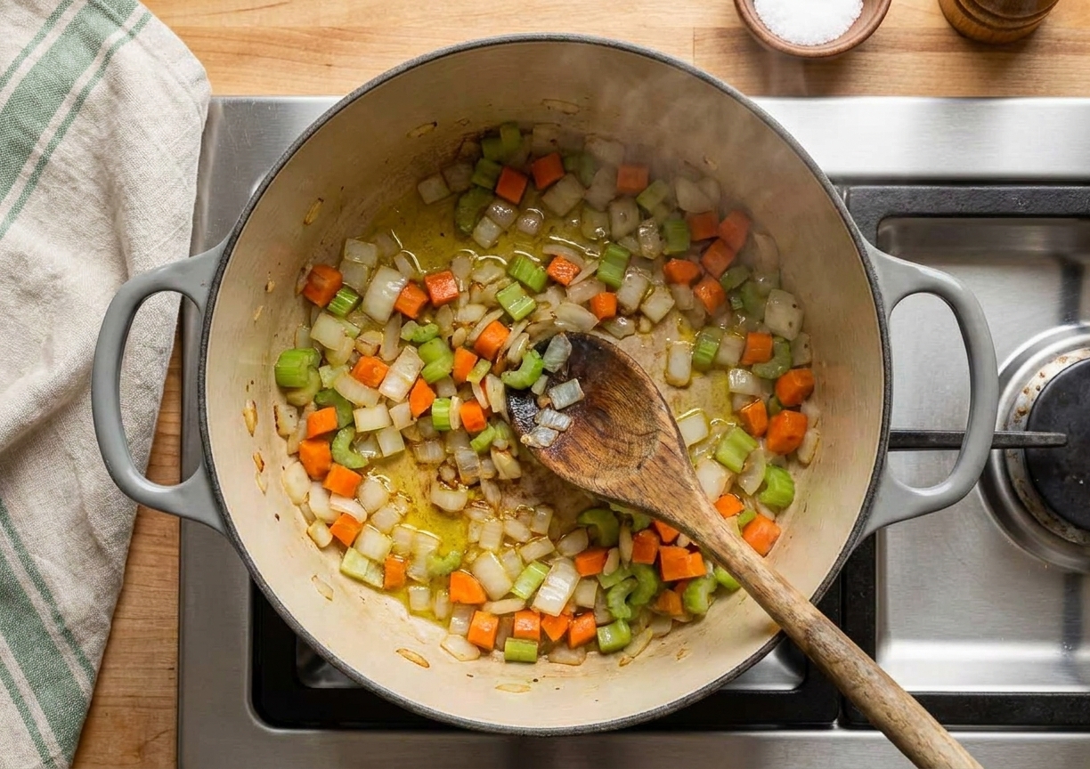 Diced onion, celery, and carrots sautéing in a Dutch oven on a stovetop with a wooden spoon stirring