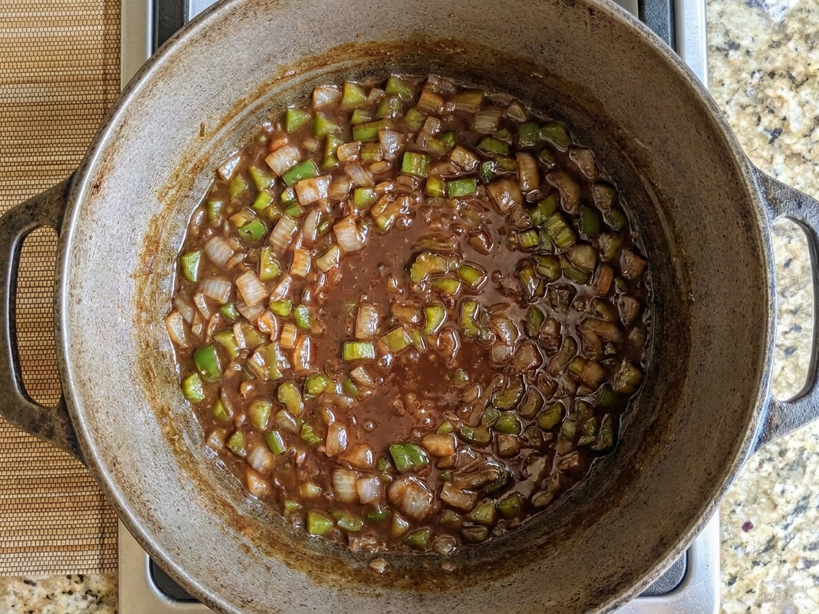 Diced onion celery and green bell pepper cooking in a dark roux inside a Dutch oven, glossy and thick